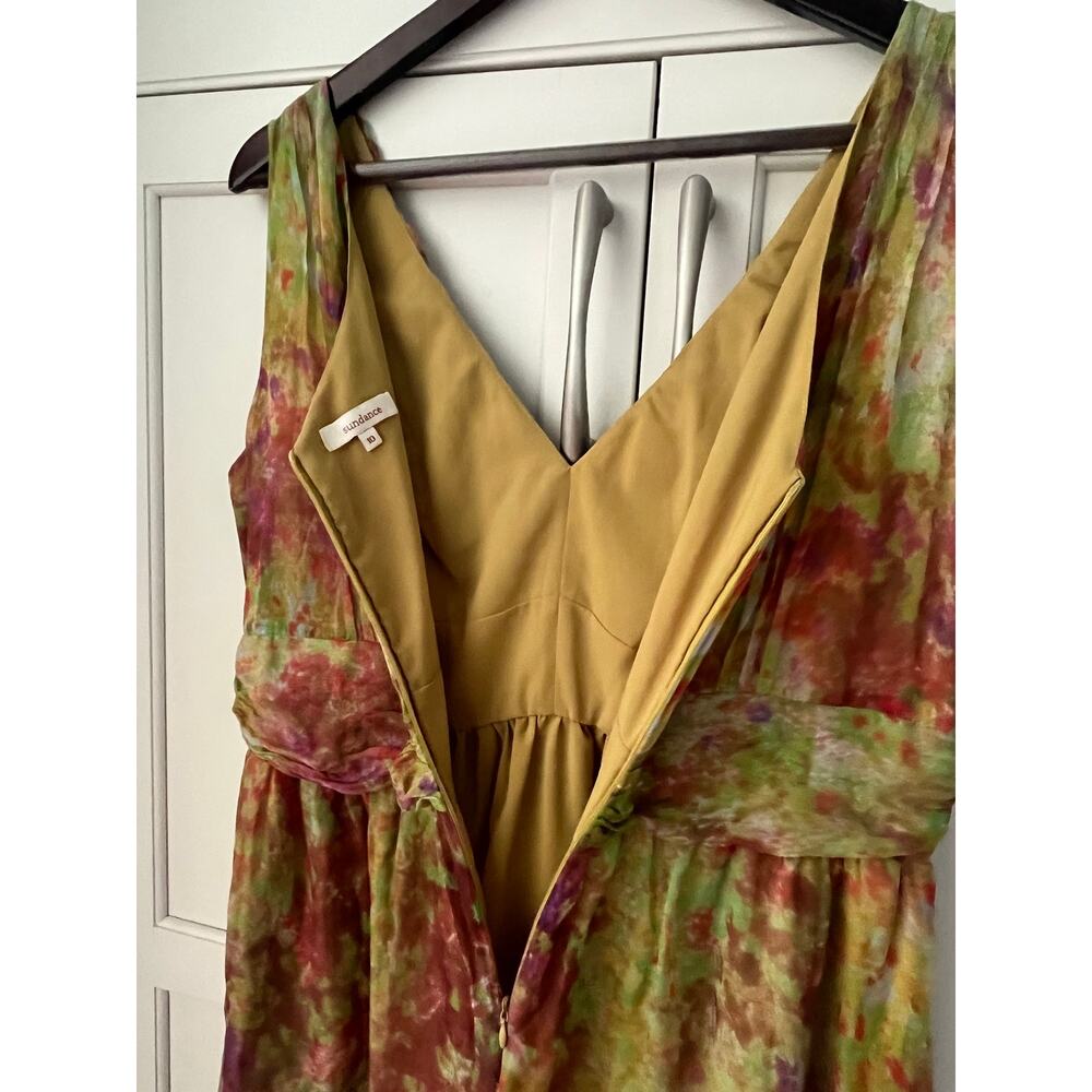 Sundance 100% Silk Dress 10 Watercolor Floral Green Pink Fit Flare Midi V-Neck - Picture 4 of 8